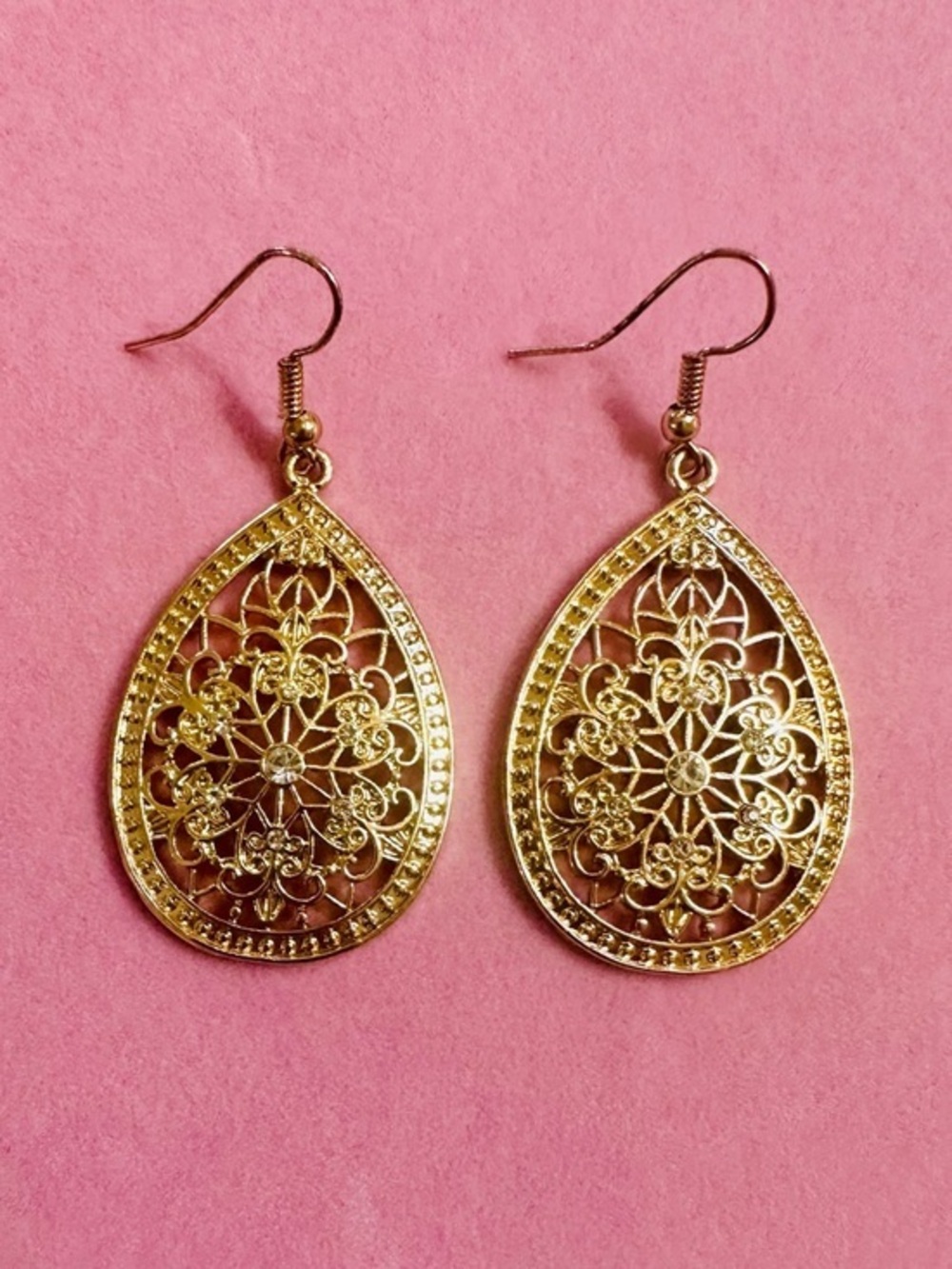 Gold Filigree Teardrop Dangle Earrings